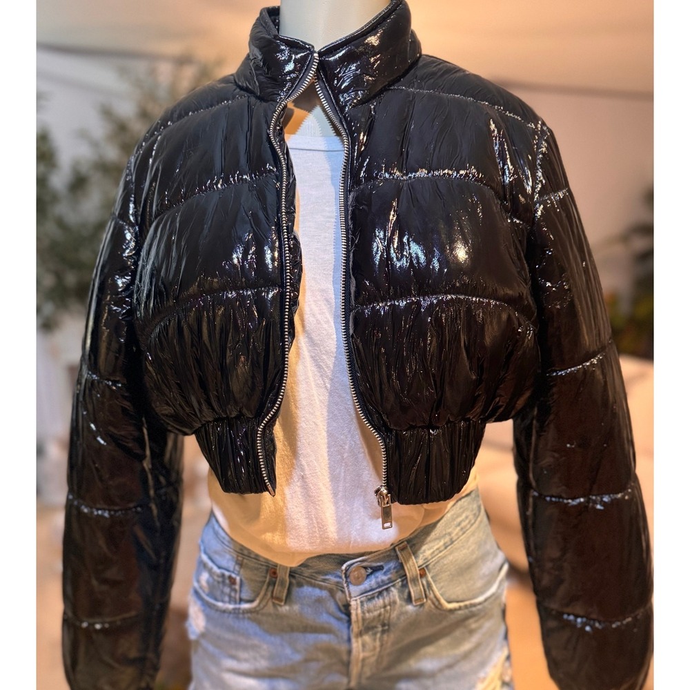 Superdown Black Cropped Puffer Jacket Glossy Viny… - image 4
